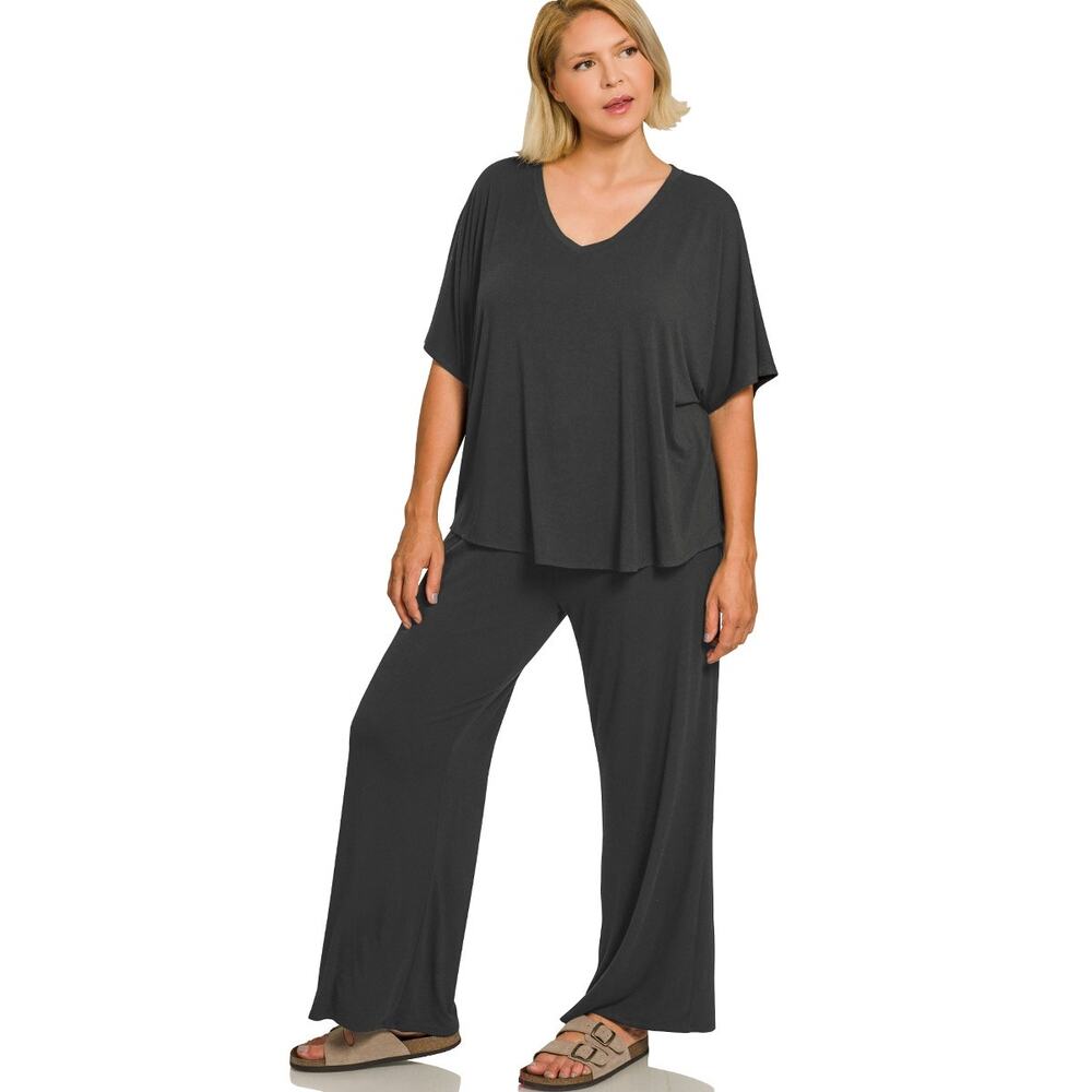 ZENANA WOMEN'S PLUS V-NECK OVERSIZED TOP & PANT SET BLACK NEW